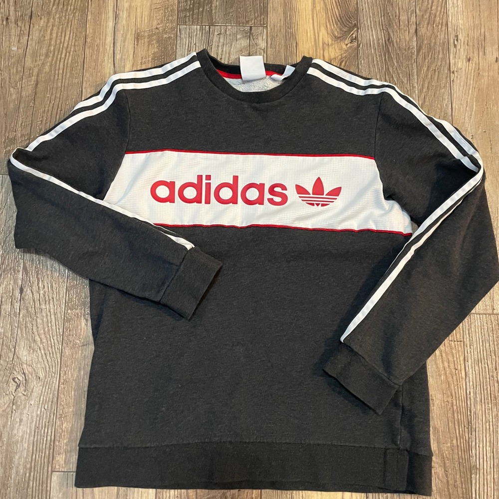 Adidas Men Charcoal Gray White Red Logo Crewneck Sweatshirt Long Sleeve M‎